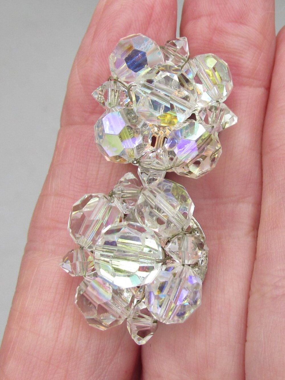 Vintage 1950s Signed Coro Aurora Borealis Crystal Bead Clip Earrings